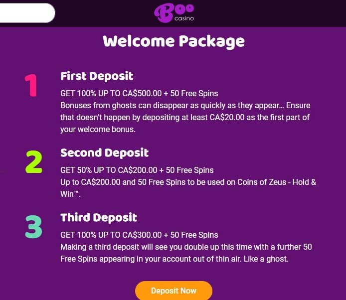 Review welcome package with three deposit bonus tiers