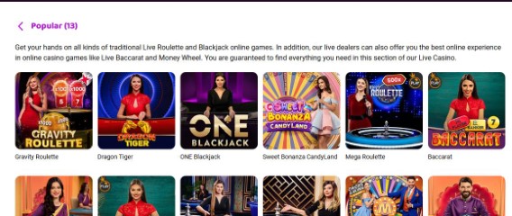 Experience live dealer games including roulette blackjack and baccarat with real croupiers