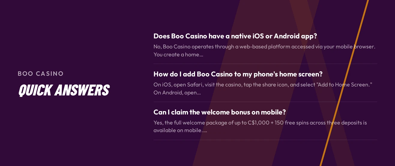 Quick answers about the Boo Casino mobile site and home screen shortcut